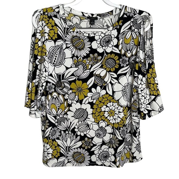 Ann Taylor Factory Floral Slit Sleeve Blouse Size Small Black Yellow Work Top - Picture 1 of 12